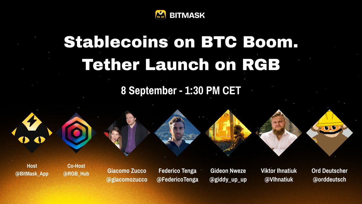 RGB Hub (@rgb_hub) on Twitter photo Big space coming! We’ll be diving into Tether’s announcement to bring USDT to Bitcoin via RGB ⚡️🔥
🎤: <a href="/RGB_Hub/">RGB Hub</a> & <a href="/BitMask_App/">BitMask ⚡</a> 
🎙️: <a href="/giacomozucco/">Giacomo Distributed-AuthoritariPuritan Zucco⚡️🌋🧀</a> - <a href="/FedericoTenga/">Federico Tenga</a> <a href="/giddy_up_up/">Gideon</a> - <a href="/VIhnatiuk/">Viktor Ihnatiuk</a> - <a href="/orddeutsch/">Ord Deutscher</a> 
⏱️:Monday September 8, 1:30 PM CET 
Space Link: x.com/i/spaces/1nAKE… Big space coming! We’ll be diving into Tether’s announcement to bring USDT to Bitcoin via RGB ⚡️🔥
🎤: <a href="/RGB_Hub/">RGB Hub</a> & <a href="/BitMask_App/">BitMask ⚡</a> 
🎙️: <a href="/giacomozucco/">Giacomo Distributed-AuthoritariPuritan Zucco⚡️🌋🧀</a> - <a href="/FedericoTenga/">Federico Tenga</a> <a href="/giddy_up_up/">Gideon</a> - <a href="/VIhnatiuk/">Viktor Ihnatiuk</a> - <a href="/orddeutsch/">Ord Deutscher</a> 
⏱️:Monday September 8, 1:30 PM CET 
Space Link: x.com/i/spaces/1nAKE…
