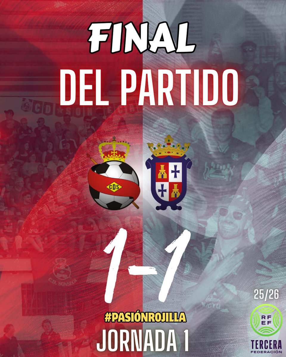 📍 𝐅𝐈𝐍𝐀𝐋 𝐃𝐄𝐋 𝐏𝐀𝐑𝐓𝐈𝐃𝐎 | 𝙏𝙀𝙍𝘾𝙀𝙍𝘼 𝙍𝙁𝙀𝙁

🟥 #CDSonseca 1️⃣-1️⃣ #CDIllescas ⬜️

➡️ Sumamos un valioso punto en el primer partido de liga

⚽️ Dani Muñoz

#CDS ❤️ #PasiónRojilla