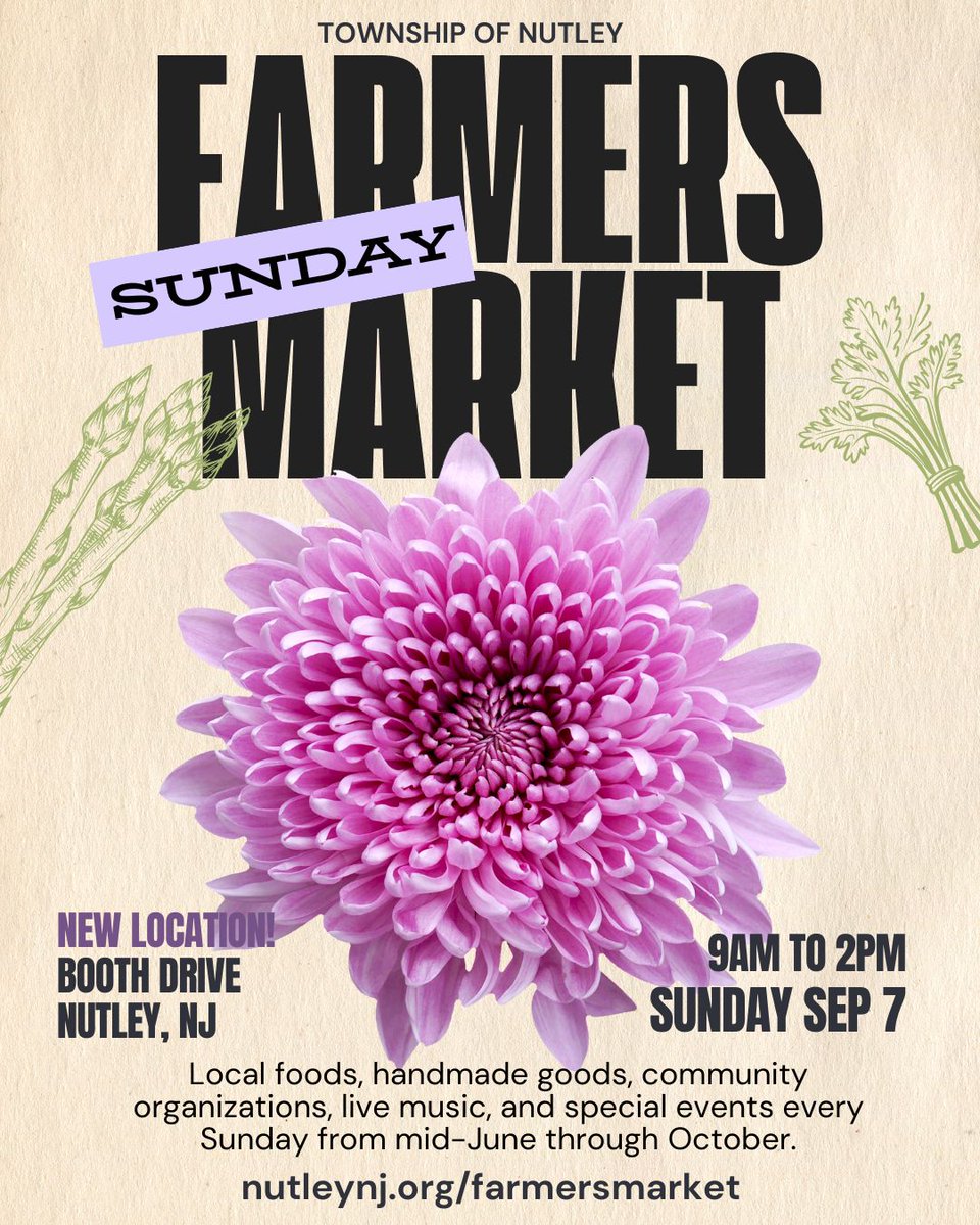 SUNDAY SEP 7 9am-2pm #NutleyFarmersMarket:
📜 9am History Walk (weather permitting)
🍅 <a href="/JerseyFreshNJDA/">Jersey Fresh</a> produce, food, beverages, flowers, handmade goods, more!
🎷 Cabaret 4 A Cure
🌱 Rutgers Master Gardeners of Essex
📖 Nutley Public Library 
💛 Nutley Family Service Bureau