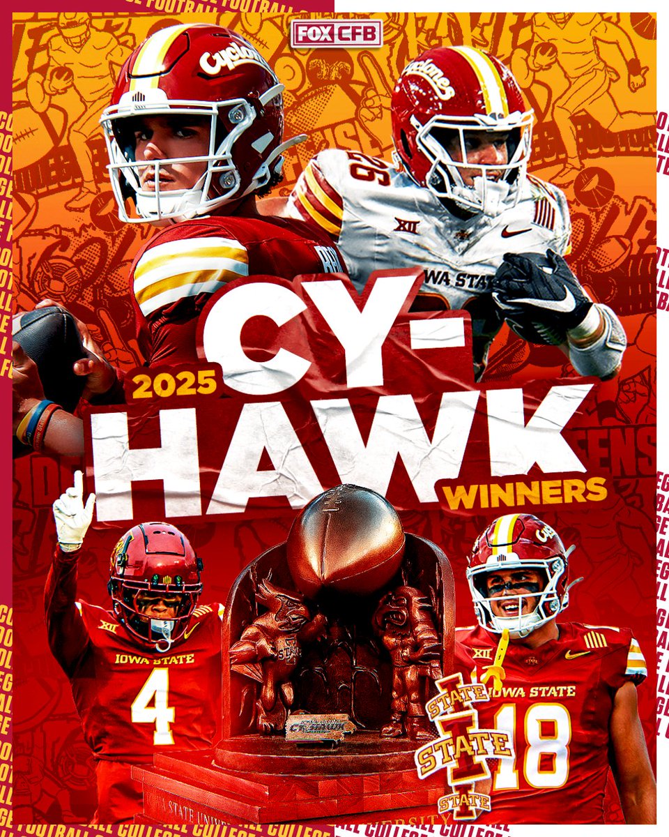FOX College Football (@cfbonfox) on Twitter photo IOWA STATE WINS THE CY-HAWK ๐
<a href="/CycloneFB/">Iowa State Football</a> takes down Iowa in Ames ๐ฅ IOWA STATE WINS THE CY-HAWK ๐
<a href="/CycloneFB/">Iowa State Football</a> takes down Iowa in Ames ๐ฅ