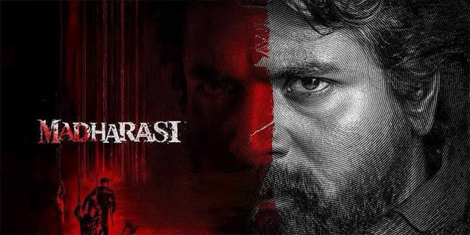 A close-up of a man with a beard and intense expression, split into red and grayscale tones. The background features shadowy figures and red hues. The text "MADHARASI" is prominently displayed in white capital letters.