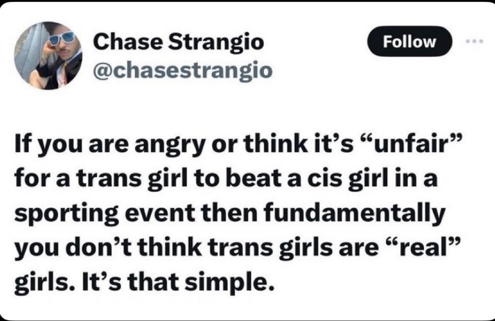 Nota_Tra's tweet image. As is often the case, simple is incorrect. In this case, it is using the confusion between sex and gender to mislead people. Strangio might even believe that sports are segregated on gender. She has certainly argued sex isn’t important, or even real, so to her “women’s sports is…
