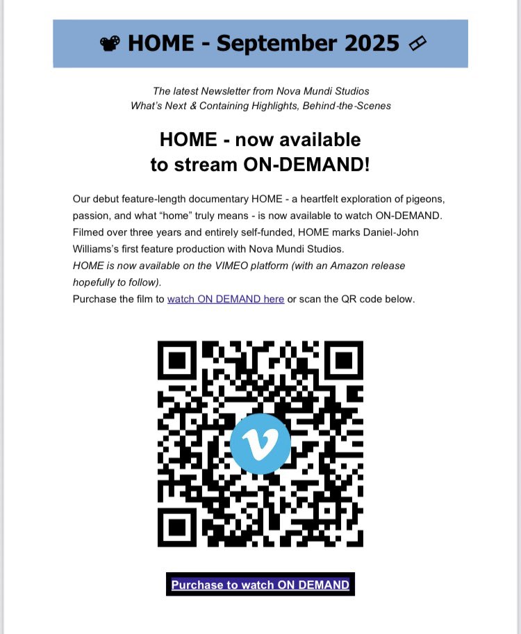 At last our feature length documentary “Home” -a film about love,passion and pigeons - is available to stream on demand! With more international streamers on the way! Thanks to everyone who supported and participated in the film! homedocumentary.net/index.html