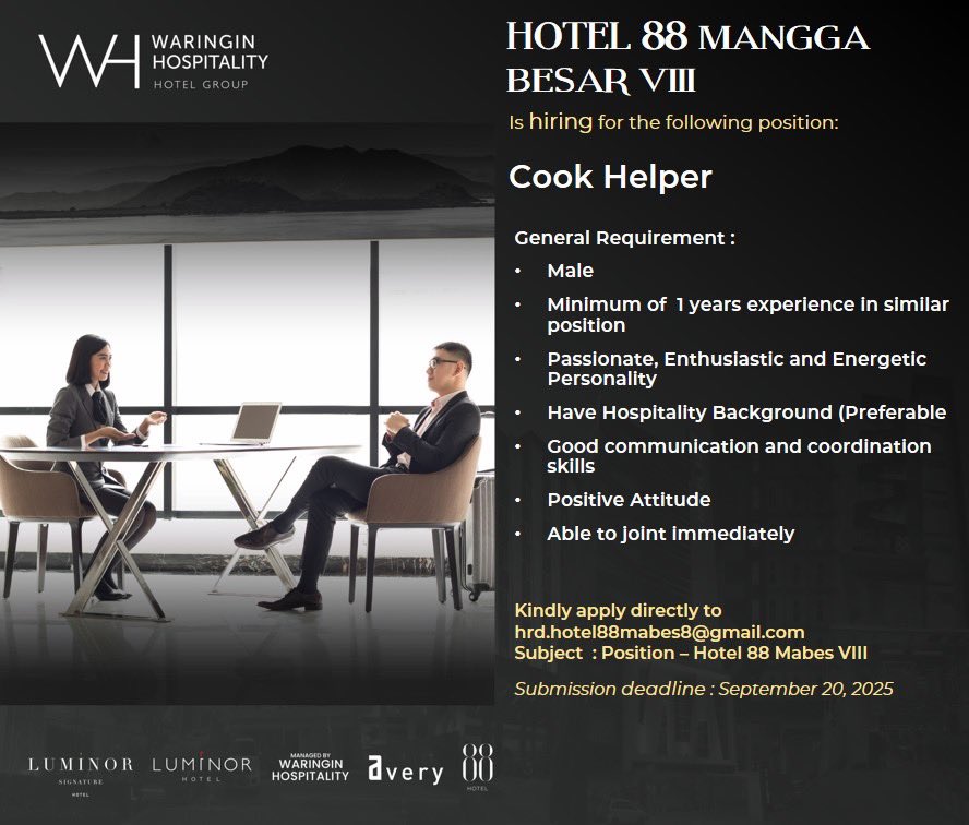 Hotel 88 Mangga Besar VIII is expanding!! 📢📢📢📢📢
We are calling out the potential person who have experience on this posistion to join in our team.

Kindly please submit your update CV and be part of our solid team.
Only short listed candidate will be notified!