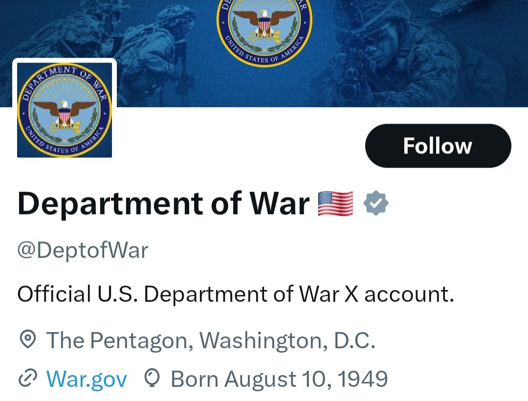 BenjaminNorton's tweet photo. The US regime has changed the name of the so-called Department of "Defense" back to its original name, the Department of War.

This is much more accurate. The Pentagon is dedicated to waging imperial wars to serve the interests of US corporations; it has never been about defense. https://t.co/UEkltZZ58c