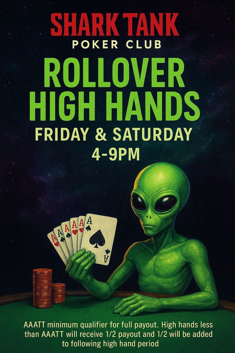 💰💫Action orbiting the Shark all day! 🦈🚀
🌟👩🏼‍🚀 Tournament satellites (1pm &amp; 6pm)♣️
🪐 🪬Rollover high hands (4pm–9pm)✨🔮 
👽💲15/30 dealers choice mix @ 2pm🃏☄️

📈The cards are flying — don’t miss out! 🌌