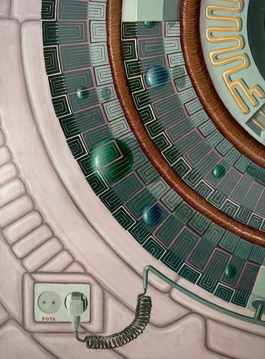 Personal particle accelerator, 2015, oil on canvas.

A painting a did back in 2015 that started the Human Extension series in which I explored the relationship between man and machine. One of the inspirations for this painting was the song from Shpongle, the god particle.