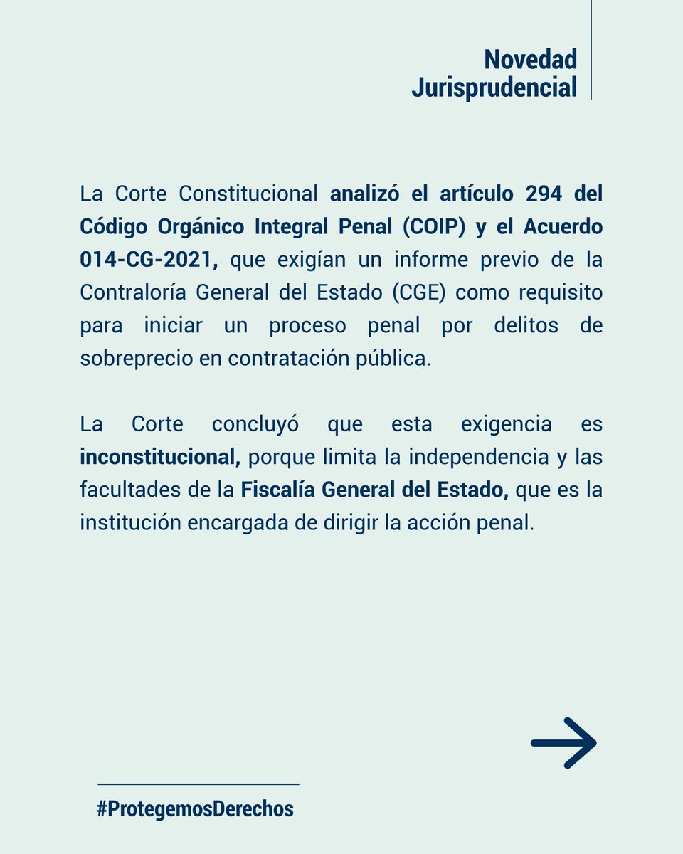 CorteConstEcu's tweet photo. #NovedadJurisprudencialCC | La Fiscalía General del Estado puede iniciar investigaciones sin depender de informes previos de la Contraloría.

👉🏽 Sentencia 129-21-IN/25:
https://t.co/zEdhTPw4x6

📲 Conoce más en el Boletín Jurisprudencial:
https://t.co/D7ALgyVVgO https://t.co/T8CJuqHnwE