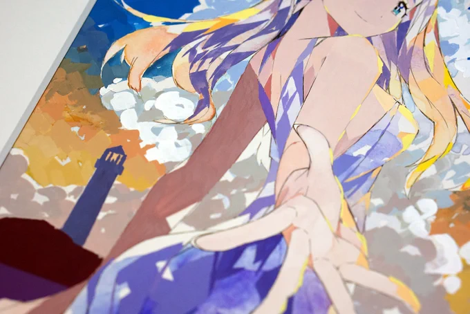 「晩夏」 額装しました。 アクリルガッシュのみで、水彩っぽい部分とインパスト感が出る部分の描き分けにこだわってみました。実物見てもらえたら嬉しいです。明日コミティアに持って行きます。 #COMITIA153