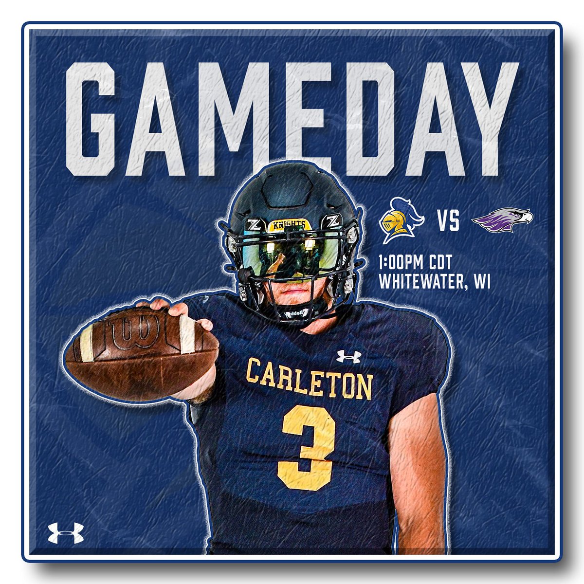 CarletonFB's tweet image. Game 1 in Whitewater, Wisconsin. 

Kickoff at 1:00pm CDT. 

Roll Knights. #KeepStackin