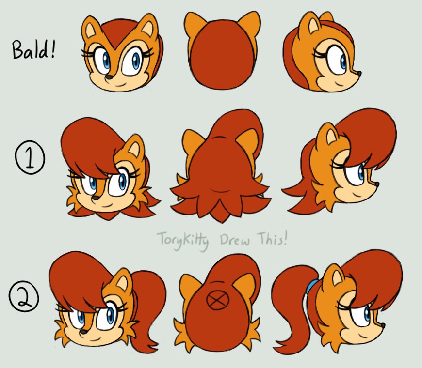 Tory_The_Kitty's tweet image. Making a few minor adjustments to the design (will think about outfits later), also heres a rough idea of how the red stripe and hair works! Can't decide which hairstyle I like more tho. #sallyacorn #SonicTheHedgehog #sonicsatam #archiesonic