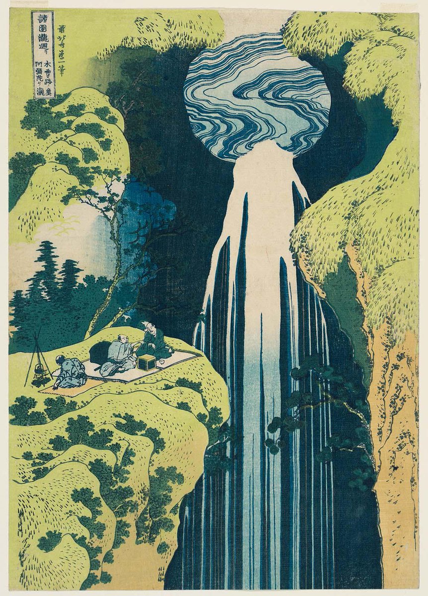 yoadaxyz's tweet image. Hokusai, a wood carver at 14, was first artist to use the term &apos;manga&apos; meaning random drawings. At his peak, the largest set of works was over 4,000 sketches in 15 vol. A woodblock color print by Katsushika Hokusai. The Amida Falls in the Far Reaches of the Kisokaidō Road (1832).
