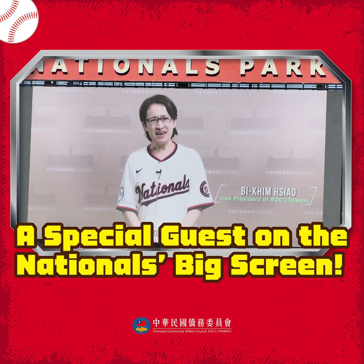 OCAC_TAIWAN's tweet photo. 🇹🇼⚾ Taiwan Day lit up @NationalsPark  !

🎥 VP @bikhim Bi-khim Hsiao greeted fans on screen,  @rakuten_girls  hyped the crowd, San Tai Zi joined the "Presidents Race" for the first time.

Not just baseball—Taiwan’s spirit &amp; U.S.–Taiwan friendship shined!

#TaiwanDay  @Nationals https://t.co/yyXduUd7CJ