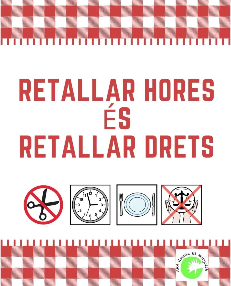 ⚠️ El menjador escolar de l’escola El Margalló (VNG) NO comença amb normalitat aquest curs.

El Departament d’<a href="/educaciocat/">Educació</a> ha retallat un 50% les hores de suport, fet que posa en risc l’atenció als infants.

Des de l’AFA exigim solucions immediates! #MenjadorDigne #ElMargalló