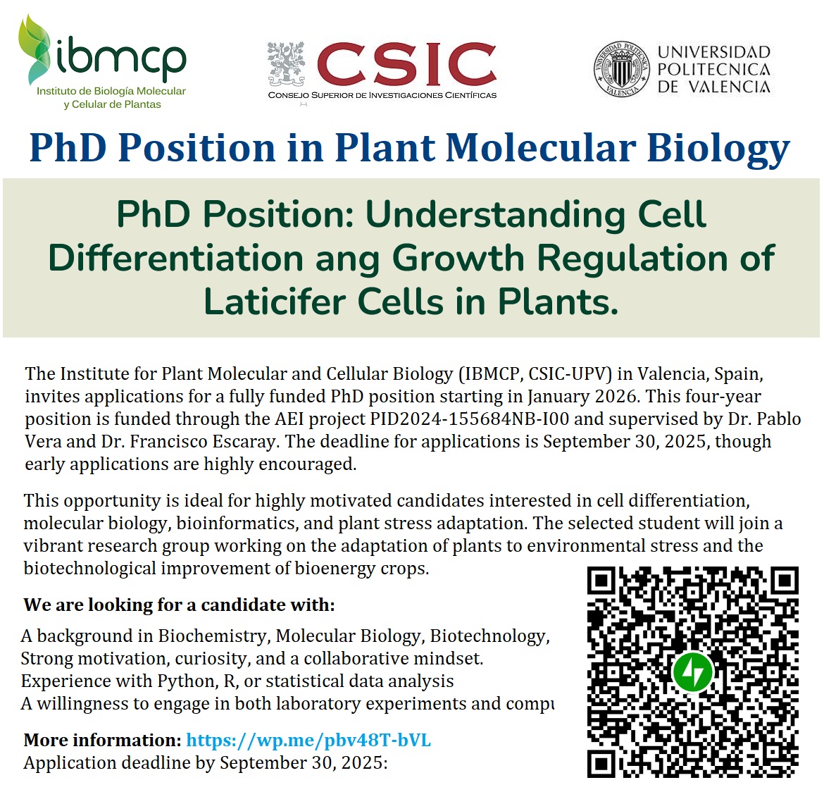 📌 PhD Position in Plant Molecular Biology – IBMCP Valencia, Spain 🇪🇸, See details at: wp.me/pbv48T-bVL