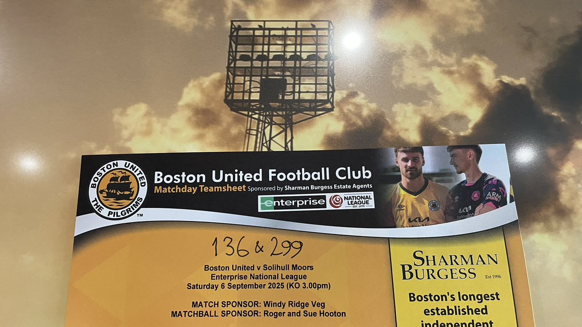 Chris Cook (@chriscookbufc) on Twitter photo Winning numbers on the <a href="/SharmanBurgess/">Sharman Burgess</a> sponsored Teamsheet Raffle today at the <a href="/bostonunited/">Boston United</a> v Solihull game are 136 & 299
The half time score is 1-1
Thank you for your support of the <a href="/bufcacademy/">Boston United Football Academy</a> Winning numbers on the <a href="/SharmanBurgess/">Sharman Burgess</a> sponsored Teamsheet Raffle today at the <a href="/bostonunited/">Boston United</a> v Solihull game are 136 & 299
The half time score is 1-1
Thank you for your support of the <a href="/bufcacademy/">Boston United Football Academy</a>