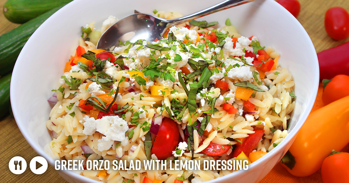 Orzo looks like rice but it’s really a versatile #pasta that’s great in pilafs and salads. This recipe is delicious as a side or as a light meal on a warm late-summer evening. Watch the video: zurl.co/kicDC 

#RedSunFarms #SummerEats #GreekRecipe