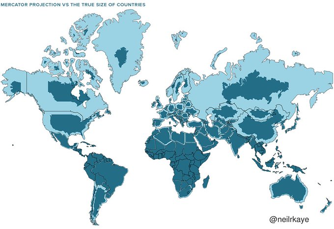PropositoyVida's tweet photo. 3. El azul claro es un mapa de cada país tal como lo conocemos y el azul oscuro es el tamaño real de cada país https://t.co/4qXLpnb4O4