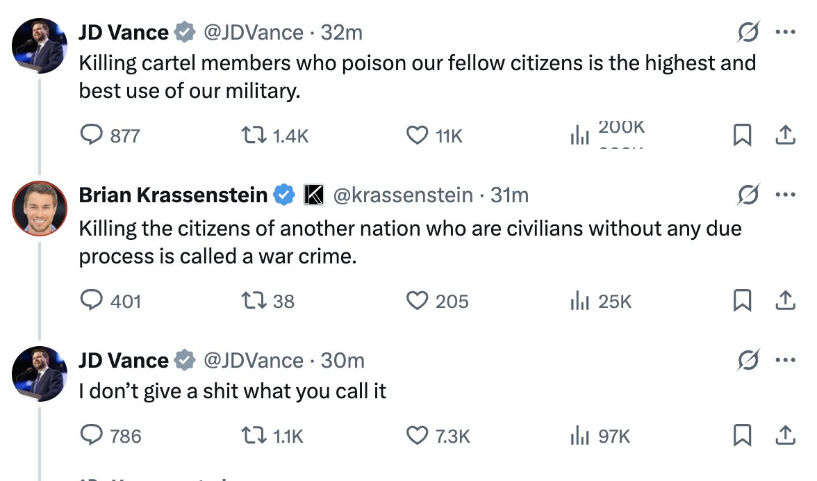 I think this thread tells you everything you need to know about JD Vance and the way he views law and order.  

Pathetic.  He should be impeached for this tweet.