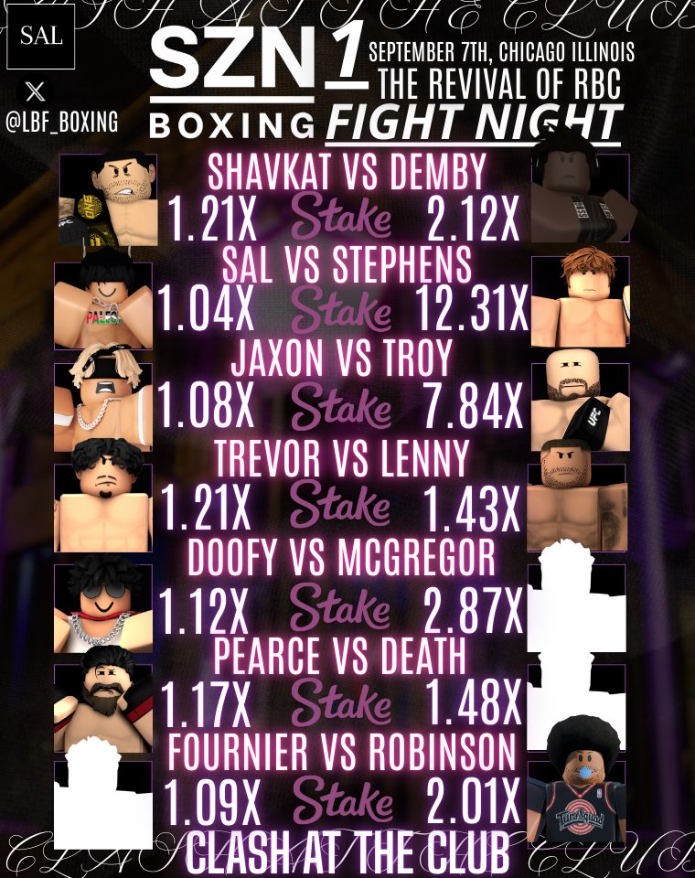 LBF_Boxing's tweet photo. SZN 1 Betting Odds for every fight on Stake!

https://t.co/gaWRtbMbT0 https://t.co/qjo9e9Jkus