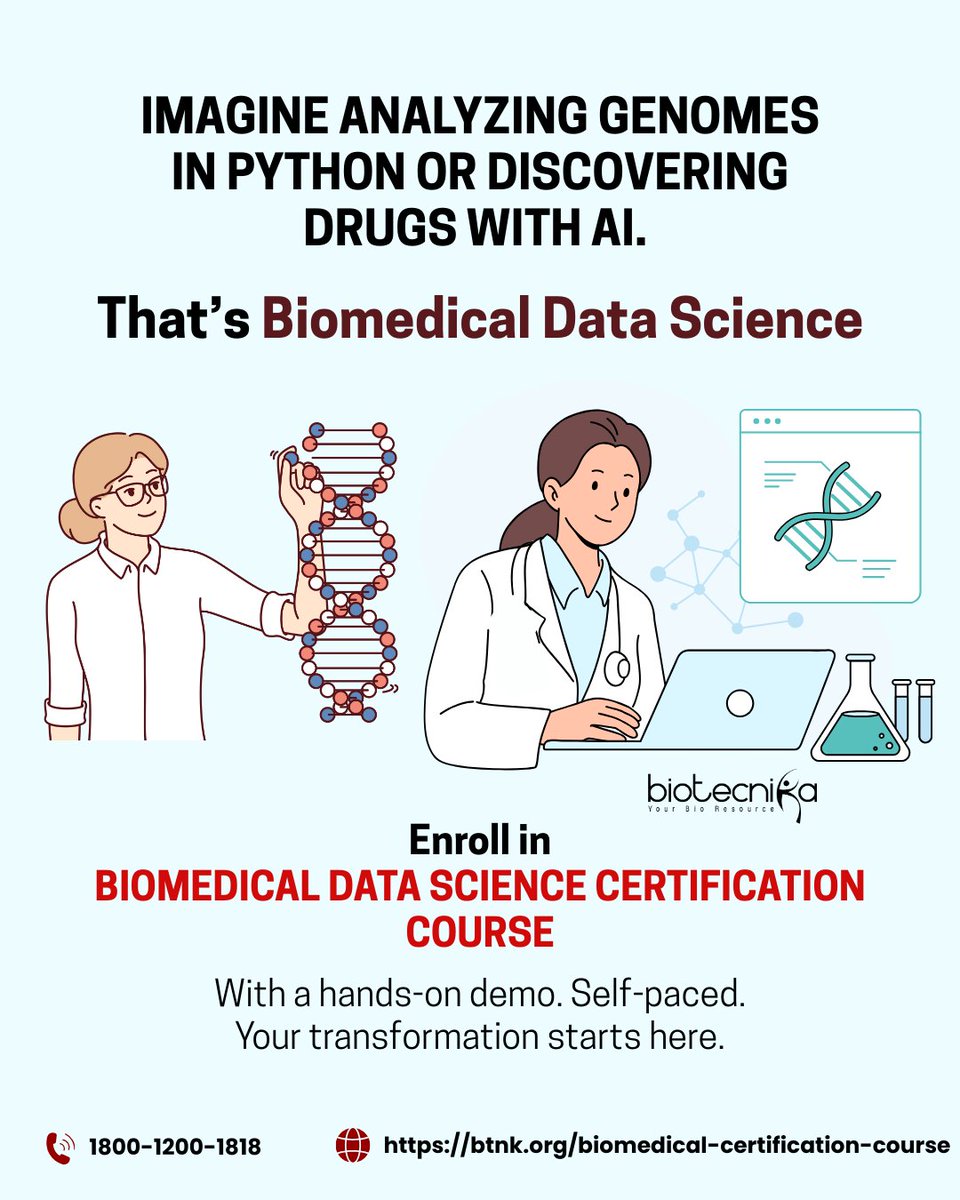 biotecnika's tweet photo. 🚀 Boost Your Biotech Career with Biomedical Data Science!

🎓 Enroll in the Biomedical Data Science Certification Course – from fundamentals to advanced industry tools.

👉 Register now: https://t.co/sEBbBoDq4Y

#BiomedicalDataScience #BiotechCareers #HighPayingJobs #BiotechIndi https://t.co/pWqSDwZDhy