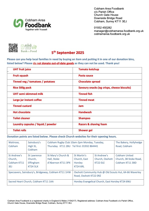 ☀️After the summer holidays, our supplies of essential items are running low.  If you can, please consider donating one or two of these items from our increasing list.  You can put them in any of our local collection points (cobhamarea.foodbank.org.uk/give-help/dona…)
Thank you 🙏