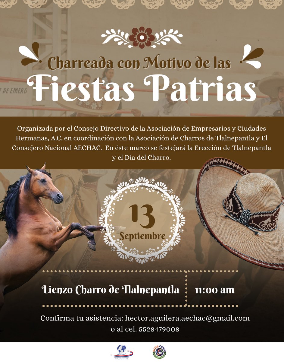 🐎 Este sábado 13 de septiembre acompañemos la “#Charreada con motivo de las Fiestas Patrias”, en el Lienzo Charro de Tlalnepantla. 
En este marco conmemoraremos la Erección de Tlalnepantla y el Día del Charro, símbolos de identidad, cultura y orgullo mexicano. 🎉🇲🇽