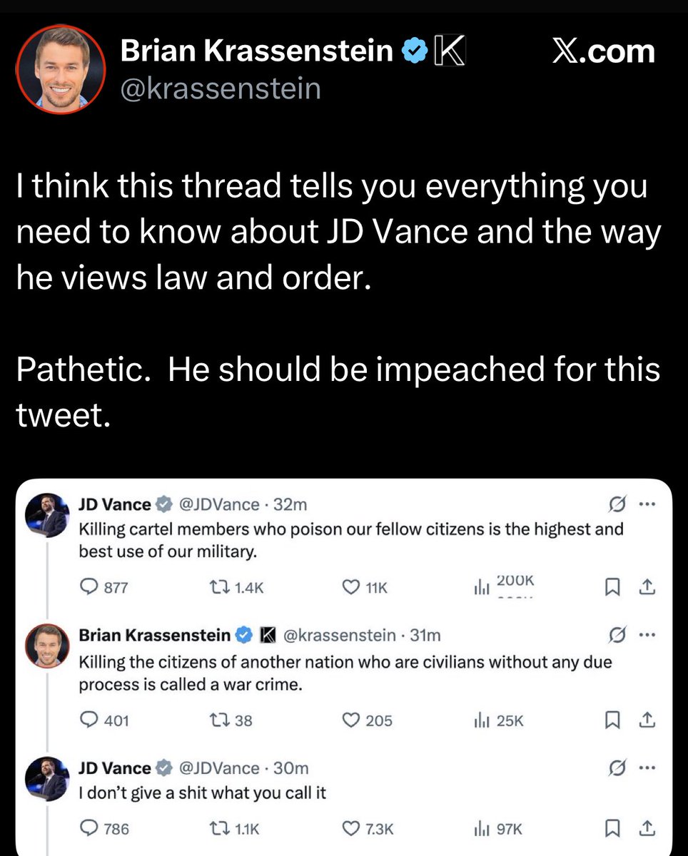 BREAKING 🅱️ 

Brain Krassenstein is calling for JD Vance to be IMPEACHED for being mean to him on X.. 

👀