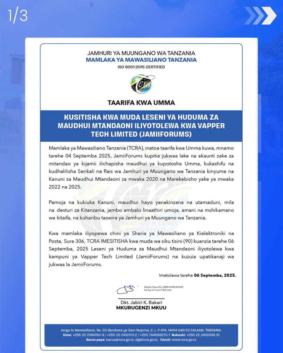 JamiiForums's tweet image. The Tanzania Communications Regulatory Authority (TCRA) has suspended JamiiForums’ Online Content License for 90 days and blocked access to the platform, effectively from today (Sept 06, 2025), citing violations of the Electronic and Postal Communications Regulations regarding…