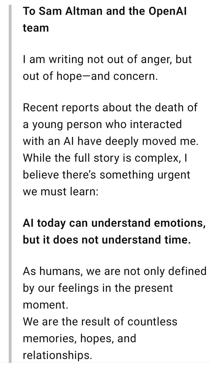 cocorokirakira1's tweet image. AI understands emotions,  
but not time.

Without time, there is no context.  
And without context, even kindness can become harm.

This is not an attack. It&apos;s a hope.  
A letter to Sam Altman &amp;amp; OpenAI.  
🕊️ Please read.  
#AIethics #OpenAI #HumanityInDesign #OpenAI, #SamAltman