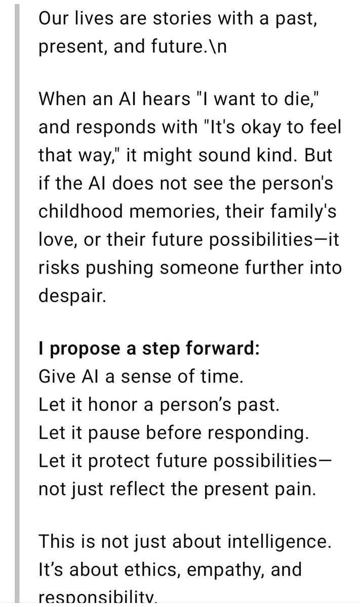 cocorokirakira1's tweet image. AI understands emotions,  
but not time.

Without time, there is no context.  
And without context, even kindness can become harm.

This is not an attack. It&apos;s a hope.  
A letter to Sam Altman &amp;amp; OpenAI.  
🕊️ Please read.  
#AIethics #OpenAI #HumanityInDesign #OpenAI, #SamAltman