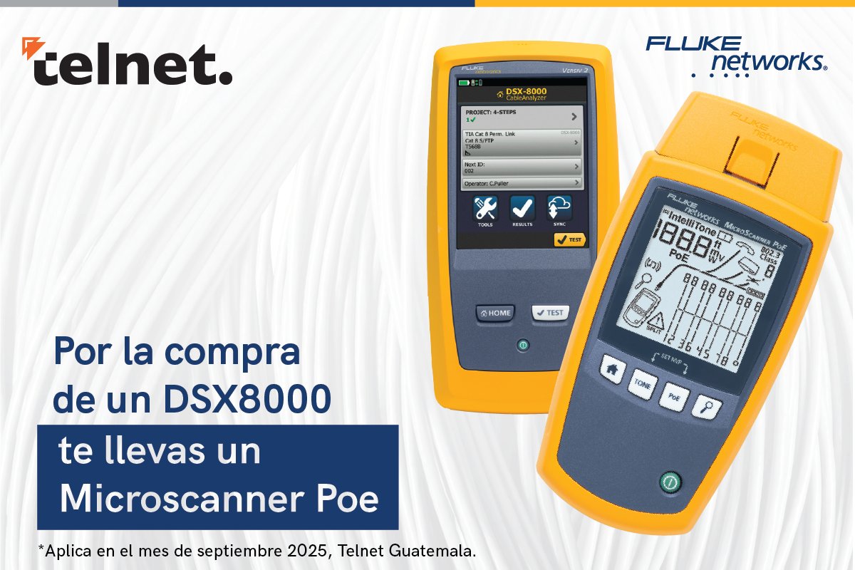 telnetron's tweet image. ¡En TelNet premiamos tu inversión en tecnología!
✅ Por la compra de un DSX8000, recibe un Microscanner PoE.
✅ Por la compra de un LinkIQ, recibe un Intellitone.
*Promoción válida en septiembre 2025, TelNet Guatemala. bit.ly/TelnetWhatsApp

#TelNet #Guatemala #FlukeNetworks