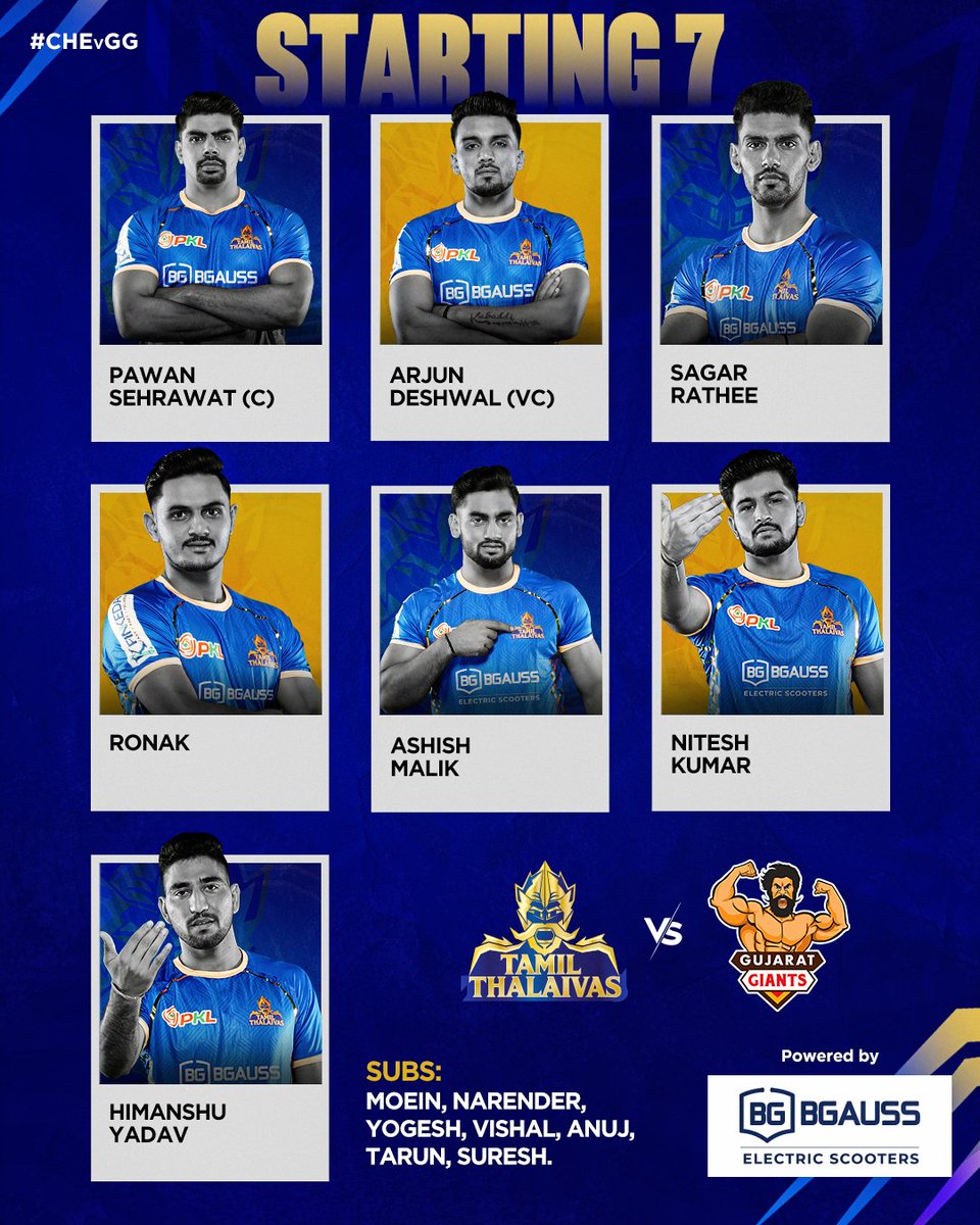 Badalking_'s tweet photo. Our seven for the battle tonight! ✨⚡

#CHEvGG | #PKL12 | #GiveItAllMachi | #IdhuNammaTeam | #TamilThalaivas | #ProKabaddi https://t.co/Y9hwYTJB0n