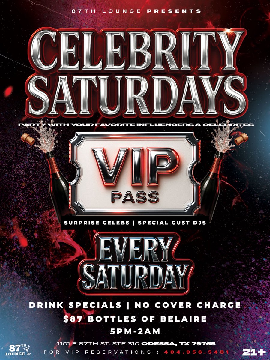All New Saturday Vibes have arrived 
Celebrity Saturdays in West Texas 
Where everybody is a celebrity 🤩
$87 <a href="/OfficialBelaire/">Luc Belaire</a> all night 🍾
#Celebrity #Saturdays #Odessa