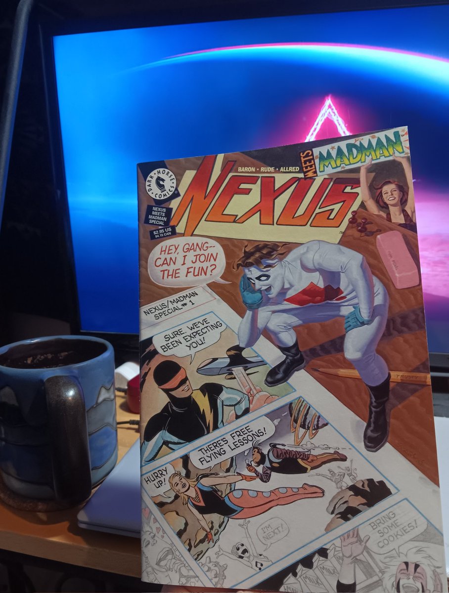 ScottMWest's tweet photo. #CoffeeAndComics part 2. #Nexus #Madman #MojoNixon #PureFun #Comics #HeyKidsComics @BloodyRedBaron @mikeallred @steverudeart https://t.co/wmQFbFps1e