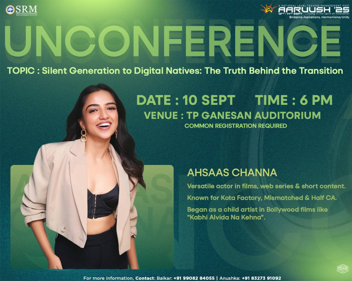 aaruushsrmist's tweet photo. UnConference invites bold minds— “Silent Generation to Digital Natives” takes centre stage! 🚀

With the brilliant HALF CA 2 cast sparking conversations and sharing journeys, expect wisdom, wit and an atmosphere charged with possibilities. 🎬🔥

#HalfCA2  #Aaruush #SRMIST https://t.co/2pSSfISc6q