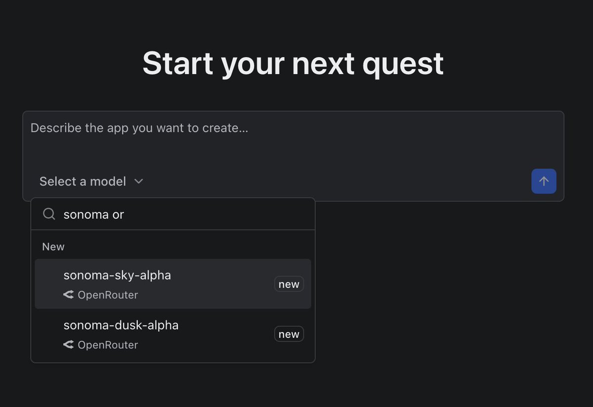 quests_dev's tweet photo. Of course new stealth models from OpenRouter are immediately available in Quests (we load the models list live!). https://t.co/Jwa7SvNsEd