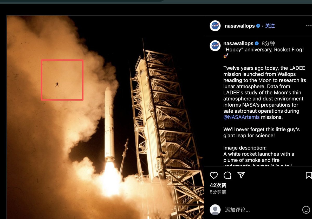 nasa官方拍摄一个在发射中出现的青蛙 命名为Hoppy
可以说是 独一无二的叙事 
0xb859ad290bdca0acaf0096e6c4db311725c74444