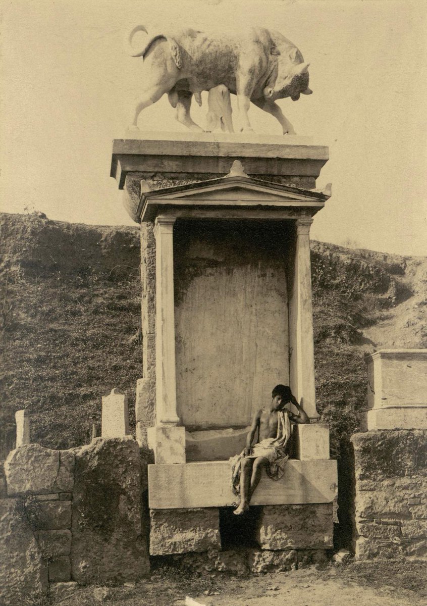 Funerary monument of Dionysios of Kollytos—a naiskos crowned by a Pentelic-marble bull, Classical Athens, c. 345–340 BC; Kerameikós Cemetery, Athens. Collection: Kerameikos Archaeological Museum (original bull; a replica stands on the Street