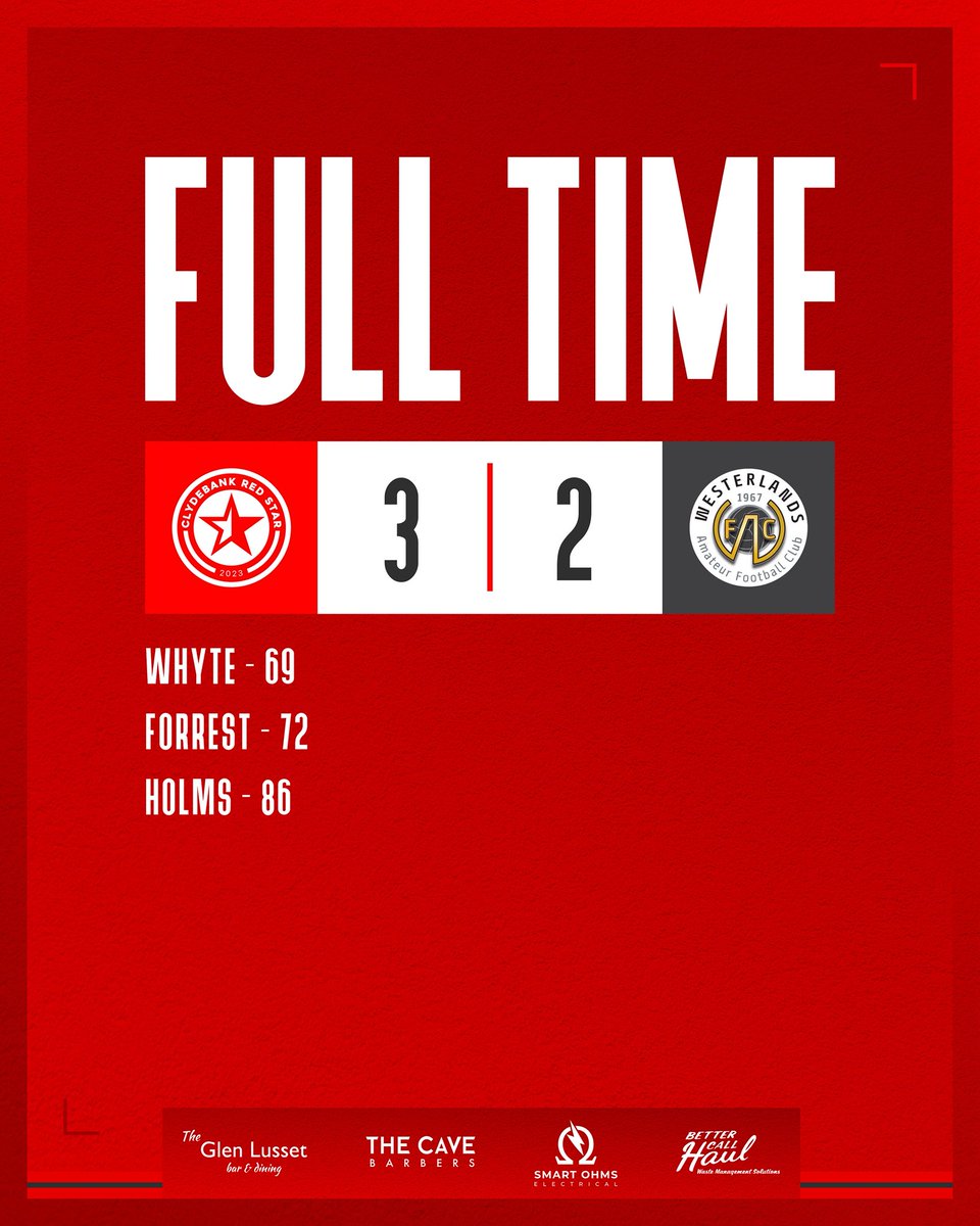 MATCH RESULT ⚽️

A 2nd half comeback sees Red Star progress into the next round of the Scottish. 2-0 down at half-time but we regrouped and looked like a different team to dump our Caley League opponents out. A proper cup tie that had it all.

MOTM ⭐️ Andrew Mulrine 

🔴⚫️