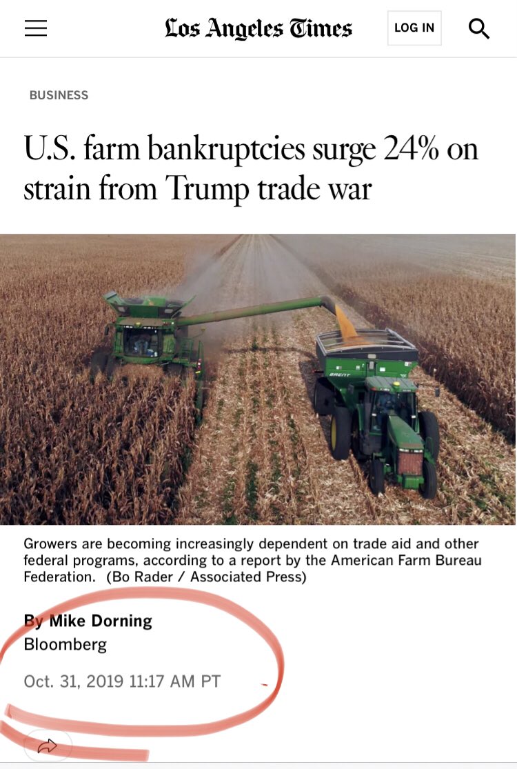 To All The Poor Farmers:

This happened before.

During Trump’s first trade war farm bankruptcies went up 24%.

This was your sign.

You ignored the sign.

Stop crying about it, stop begging for bailouts, this is a problem YOU created.