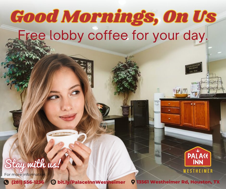 PIWestheimer's tweet image. Start your Houston mornings right—coffee + comfort at Palace Inn Westheimer. ☕💙 

#HotelPerks #PalaceInnWestheimer #HoustonTravel
