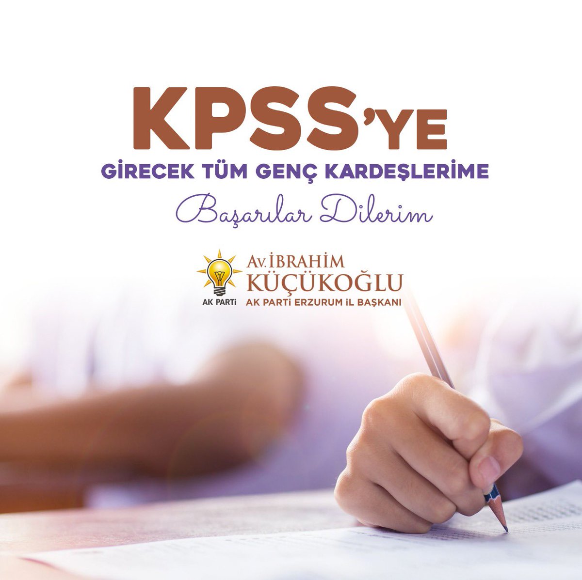 Kamu Personeli Seçme Sınavı’na (KPSS) girecek olan tüm kardeşlerimize üstün başarılar diliyorum. Emek ve gayretlerinin hayırlı sonuçlar getirmesini temenni ediyorum. 

Sınav sürecinde görev alacak kıymetli gözetmenlerimize de kolaylıklar diliyor, sınavın huzur ve güven içerisinde