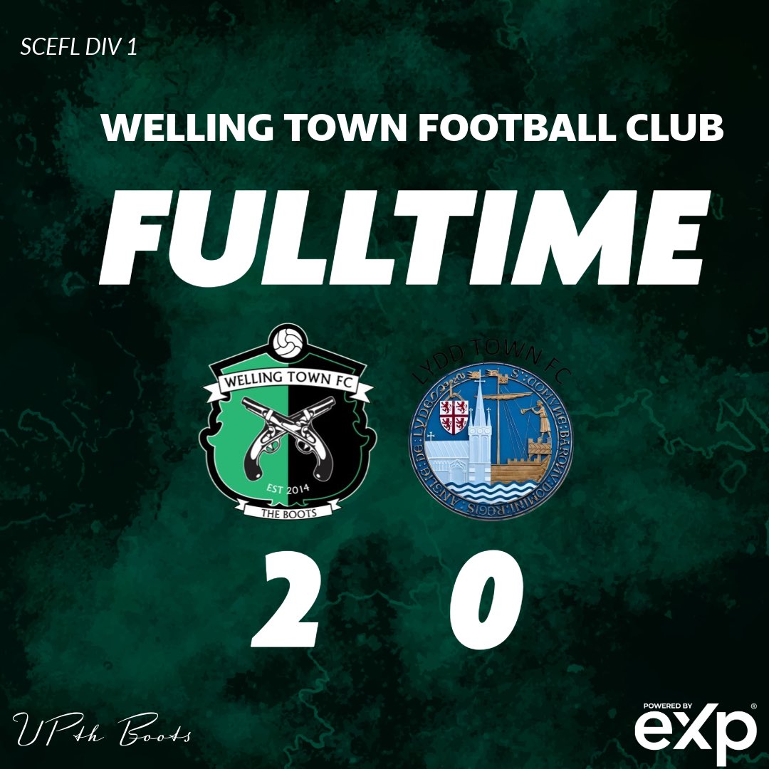 WellingTownFC's tweet photo. Fulltime Welling Town 2-0 Lydd Town

Three points &amp; a clean sheet!

Two goals from Jedd Smith 🔥 

@SCEFLeague 
#NonLeague
#Groundhoppers
#UpTheBoots💚🖤🥾 https://t.co/c03HfCxPym