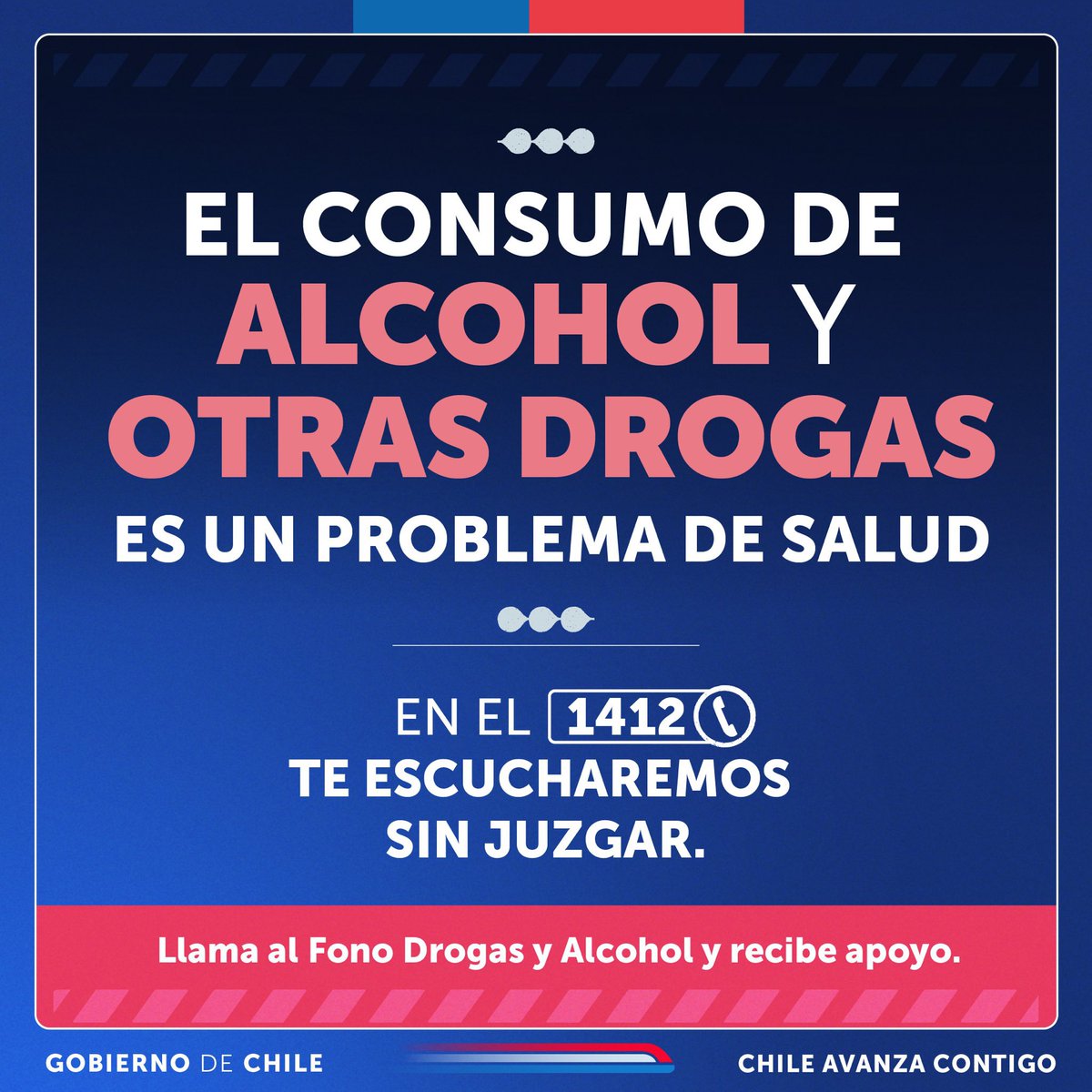 El consumo problemático de alcohol y otras drogas es una condición de salud que requiere comprensión, apoyo y tratamiento.

📞 Si tú o alguien que conoces necesita ayuda, llama gratis al 1412.

💚 La recuperación es posible.
Hablemos con respeto y sin estigmas.