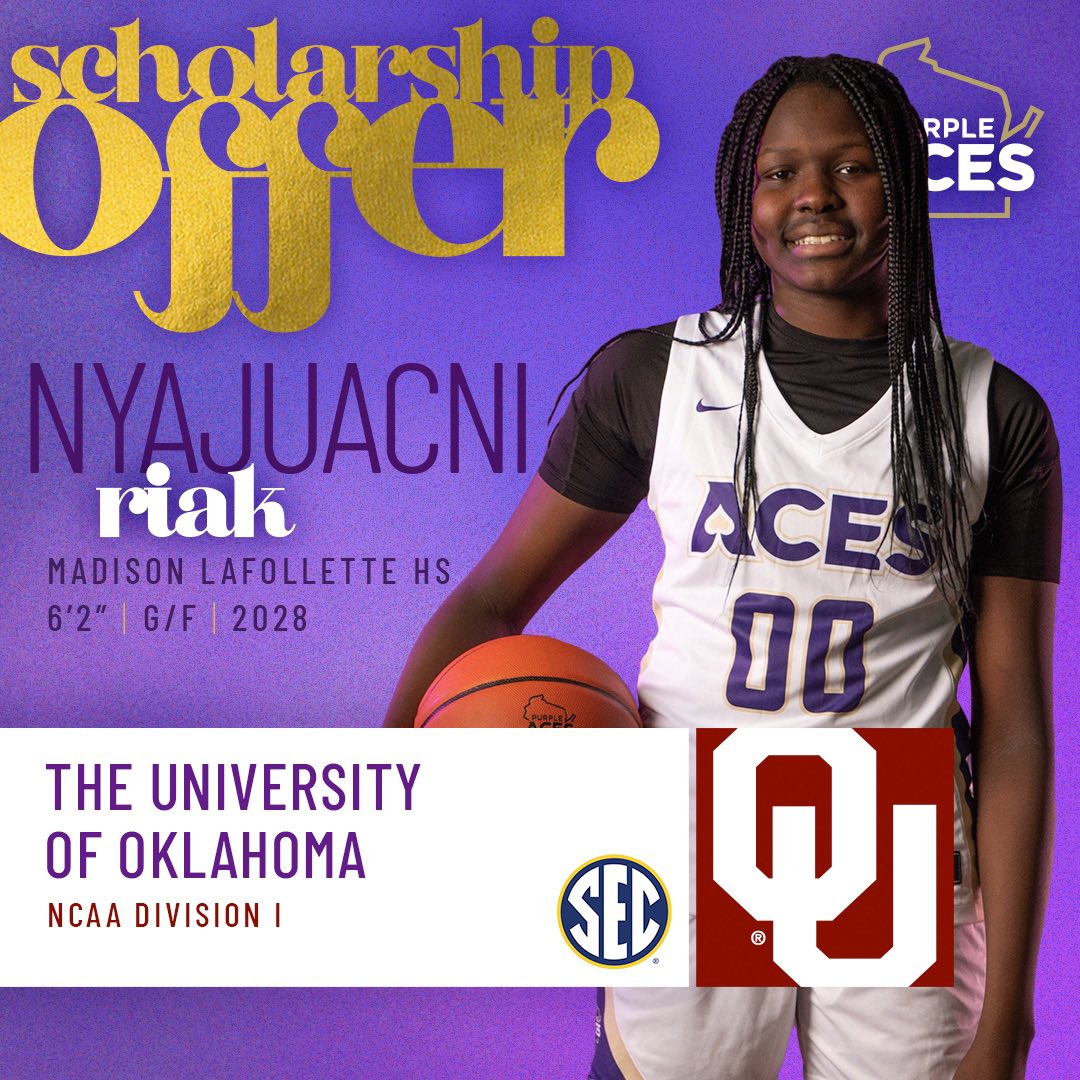 PurpleAcesWI's tweet photo. 4️⃣⭐️@NyajuacniRiak
⛹🏿♀️ 6’2” | G/F
🏫Madison La Follette HS
Earned a scholarship from Head Coach Jennie Baranczyk and Asso. Head Coach Love of the Oklahoma Sooners of the SEC‼️
✖️@OU_WBBall @SoonersCoachJB
💟♠️ #AcesEarnIt #PlayAces https://t.co/eIrkK7US9m