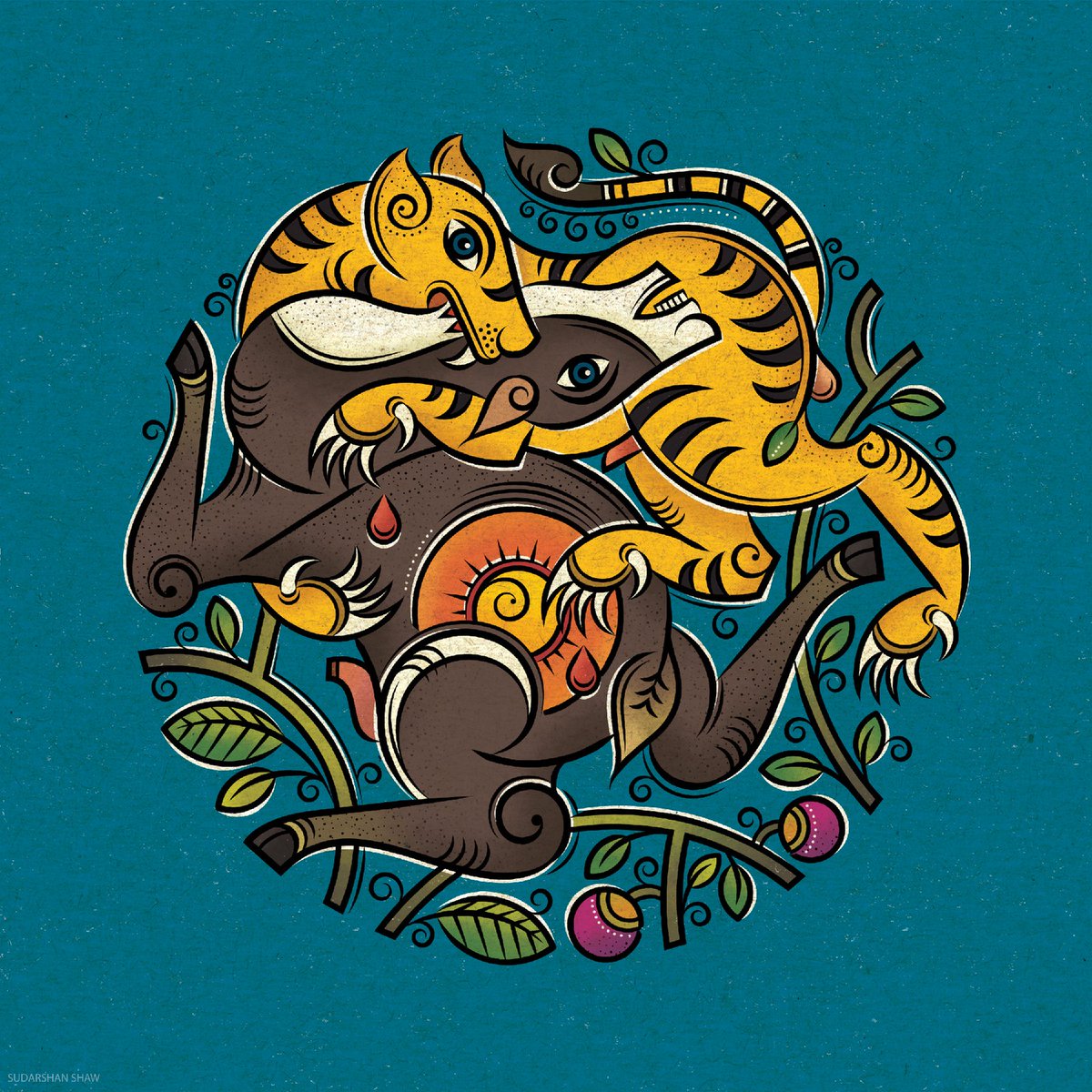 The tiger is a farmer, tilling a large earthen antelope through his teeth and claws, sowing into her the seeds of labour and valor.

He would harvest from her, the greens she ate from plants and trees; trees that were soaked in rich soil and mighty rivers.🌳🐯

#folkindica #art