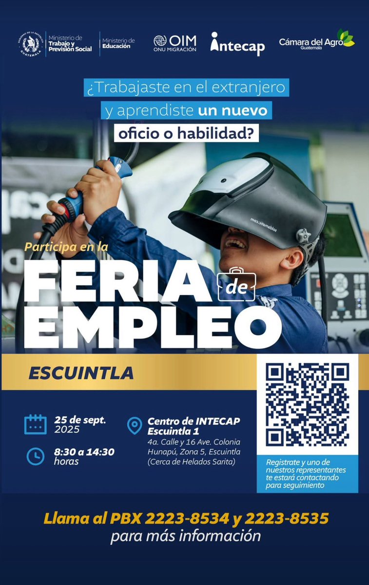 📍ESCUINTLA Continuamos conectándote con oportunidades laborales en tu comunidad.
¿Regresaste a Guatemala y estás en búsqueda de empleo?
Te esperamos en la Feria de Empleo en Escuintla 🗓 Jueves 25 de septiembre
🕗 De 8:30 a 14:30 horas
Centro de INTECAP - Escuintla sede 1 HUnapu