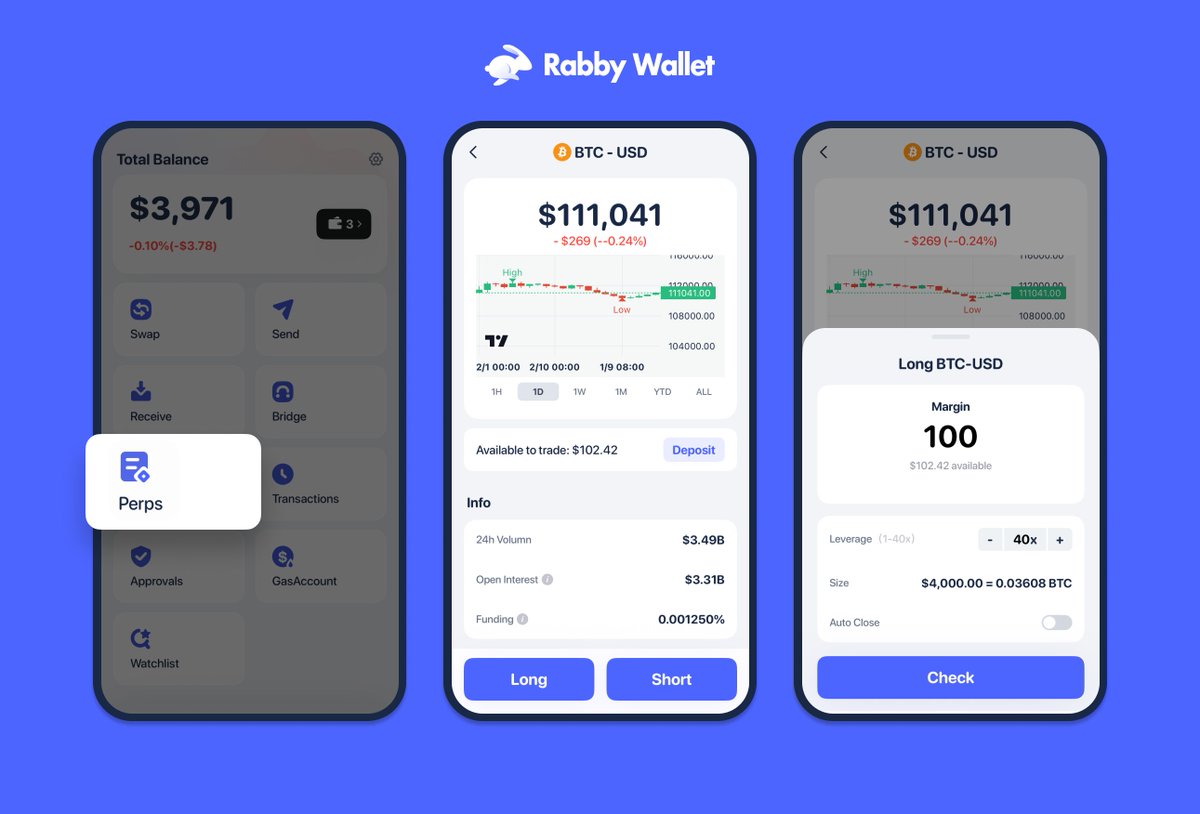 Rabby Perps is live — now on Rabby Mobile and Rabby Extension.

Trade with up to 40x leverage across 100 markets.

Go long or short anytime, anywhere. 
Powered by <a href="/HyperliquidX/">Hyperliquid</a>