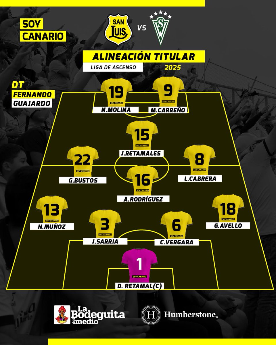 soycanario's tweet photo. ESTAMOS LISTOS ✍🏻
Así sale el #SanLuis de Fernando Guajardo ante #SantiagoWanderers por el #Ascenso2025 🇨🇱 #Fecha24 Nicolás Molina titular y Daniel Retamal capitán 👨✈️
#SoyCanario https://t.co/Uu6gFL66EQ